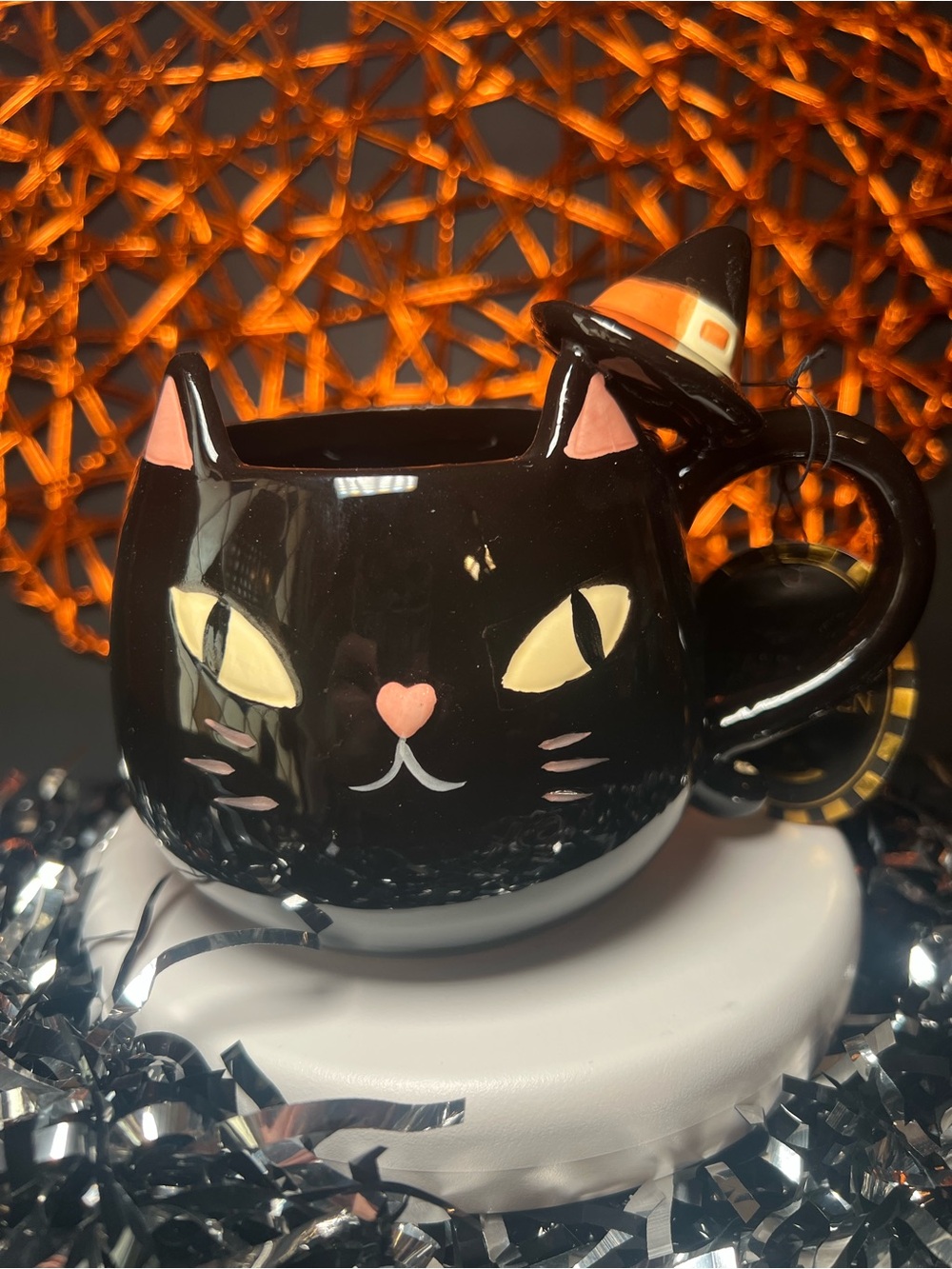 Halloween Black Cat Shaped Ceramic Mug with Witch Hat Handle Kitty Kitten